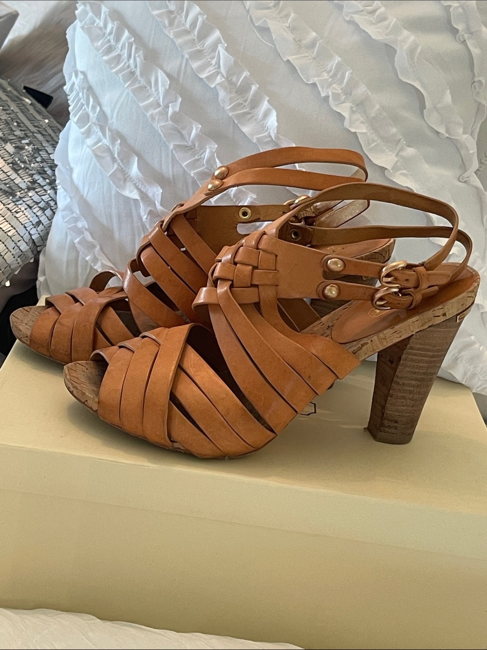 Coach Camel Leather High Heel Sandals Size 9.5